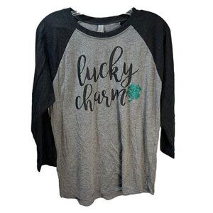 Lucky Charm Raglan Shirt Gray & Black With Glitter Shamrock Small Next Level App